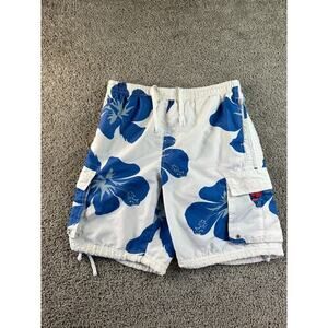 Banana Split Swim Trunks Mens Medium White Hibiscus Flower Bathing Suit FLAW
